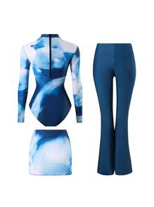 Swim Mulvari 3 件套女士休闲随机印花高领长袖泳衣，长款纯色喇叭裙泳装，保守花卉假日比基尼全覆盖 - 藍色 - 查看 7