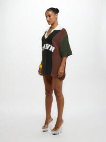 SUMWON WOMEN 超大 SMWN 标志钩针宽松针织 Polo 领校园套头衫风格上衣秋冬毛衣学院风套头衫运动休闲街头服饰 - 卡其色 - 查看 5