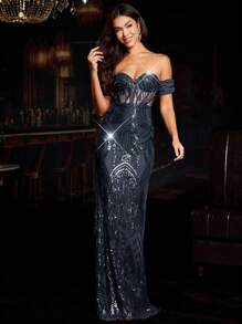 Coutiva Váy dạ hội sequin không tay cho nữ (được trang trí nhiều) - Màu xanh hải quân - Xem 3
