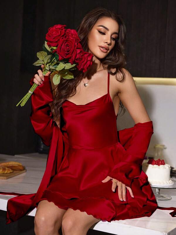 SilkySpell Women's Faux Silk Sexy Open Back Strap Nightgown Red Dress And Robe Pajama Set, Valentine's Day Outfit