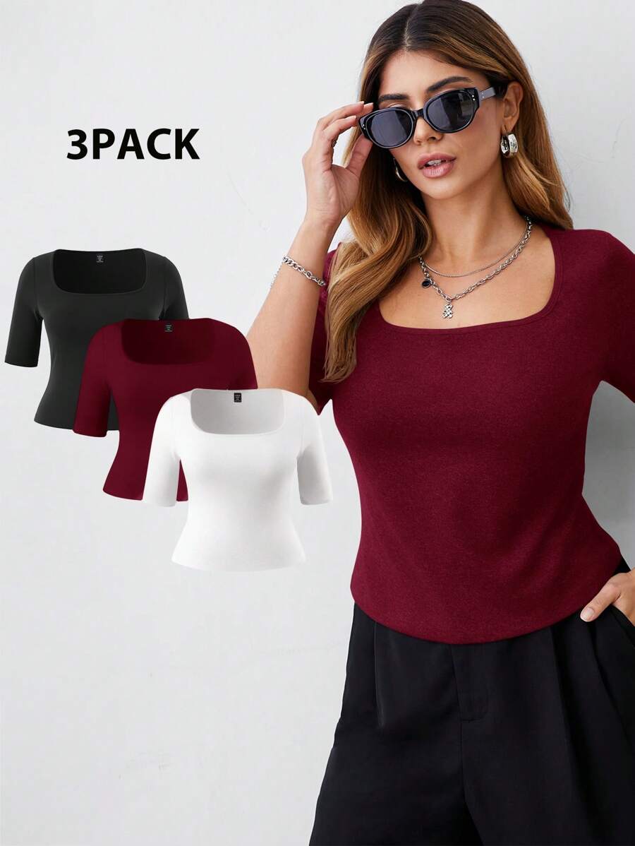 SHEIN BASICS 3件装休闲纯色针织方领短袖修身大码T恤 - 彩色 - 查看 1