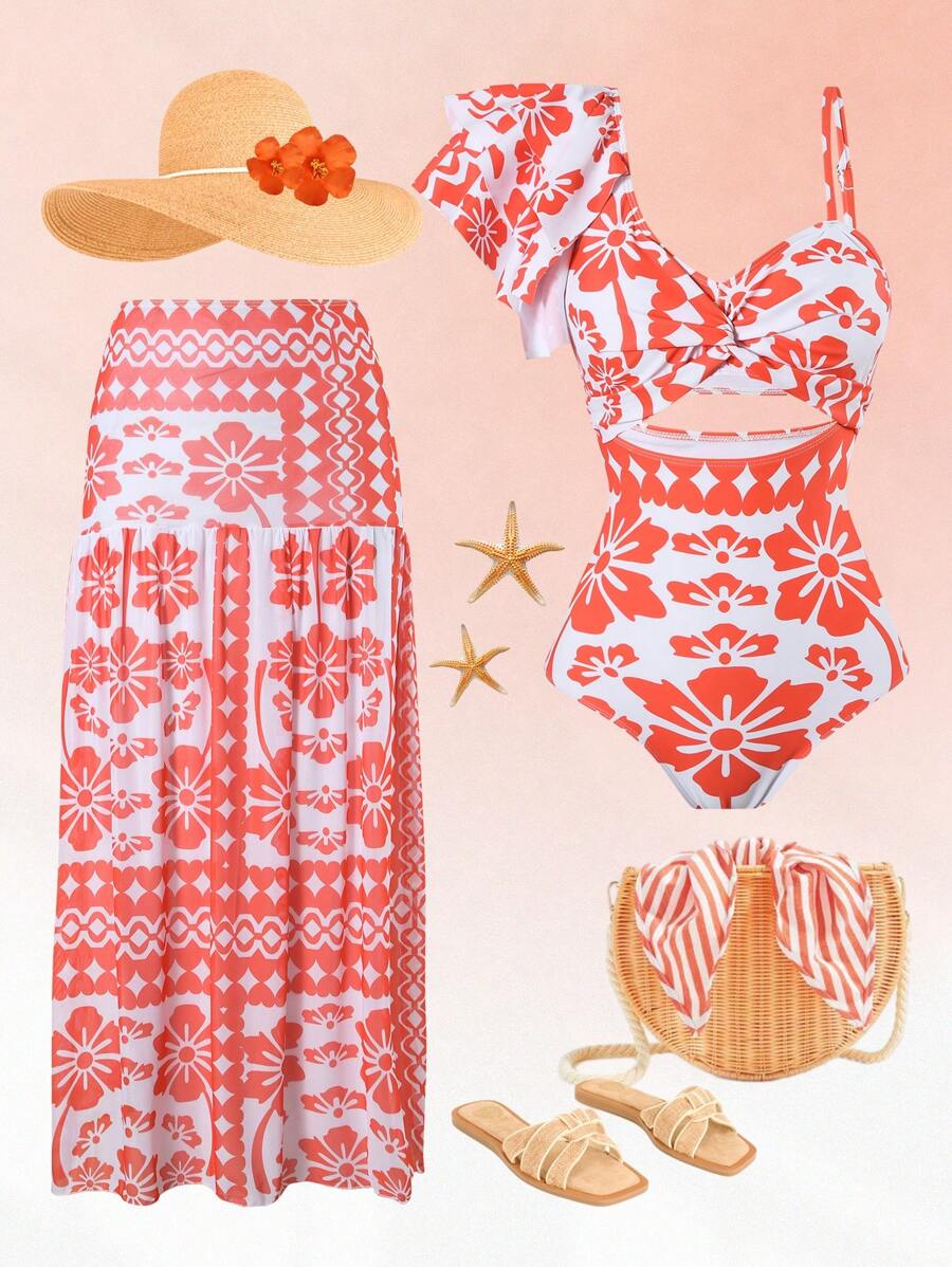 Swim Oasis 加大码女式二合一花卉印花连体泳衣，带长裙，时尚休闲度假沙滩装伊比沙岛服装