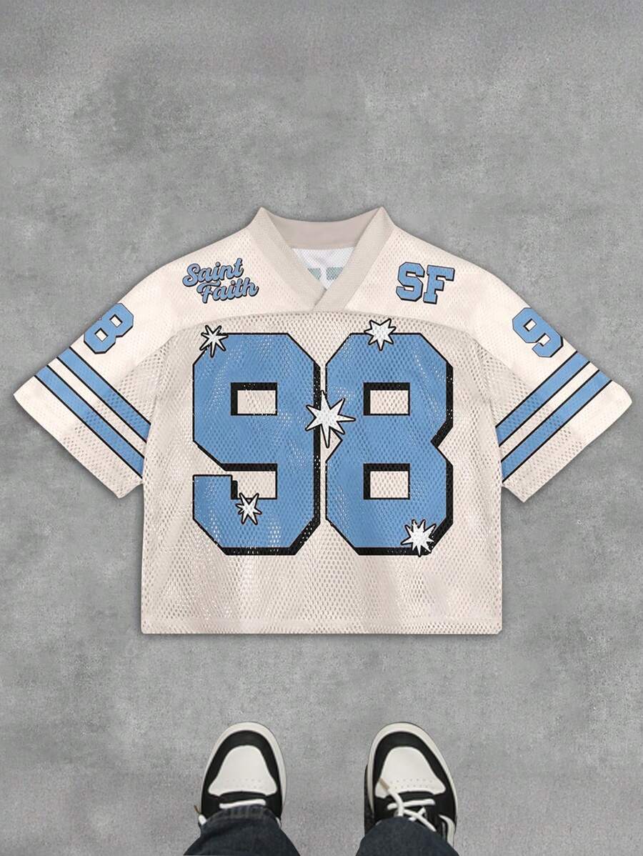 男士字母条纹印花V领休闲短袖T恤