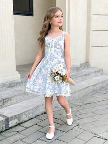 Tween Girls' Woven French Ditsy Floral Shirred Backless Crisscross Tie Waist A-Line Dress - Blue - View 6