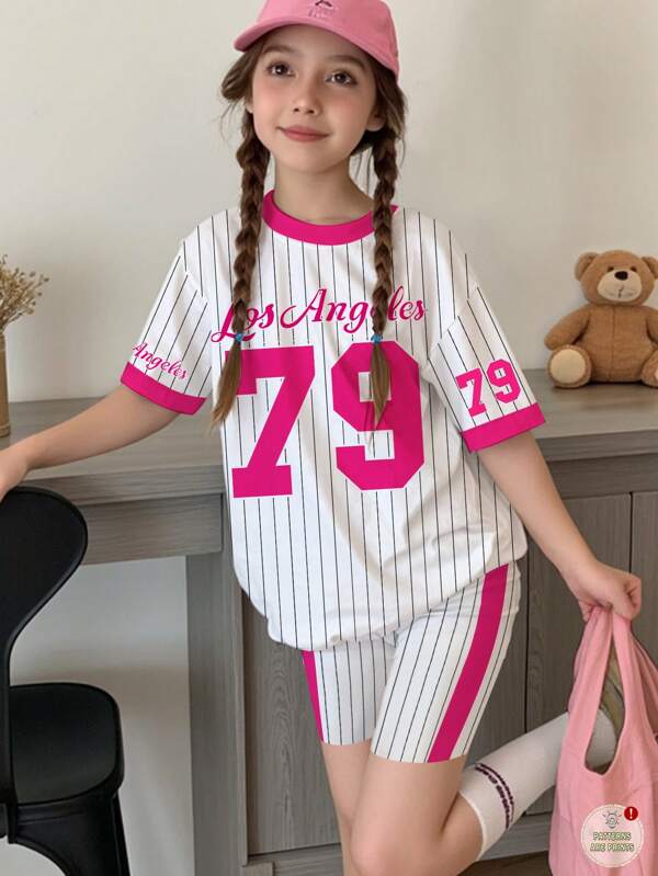 SHEIN 2pcs/Set Tween Girls Casual Minimalist Jersey Short Sleeve "Los Angeles" Number 79 Print T-Shirt And Shorts, Suitable For Summer