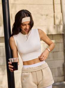 Easify SHEIN Sport Débardeur sport casual à encolure ronde côtelée, coupe slim, taille élastique, court, pour femmes, printemps/été