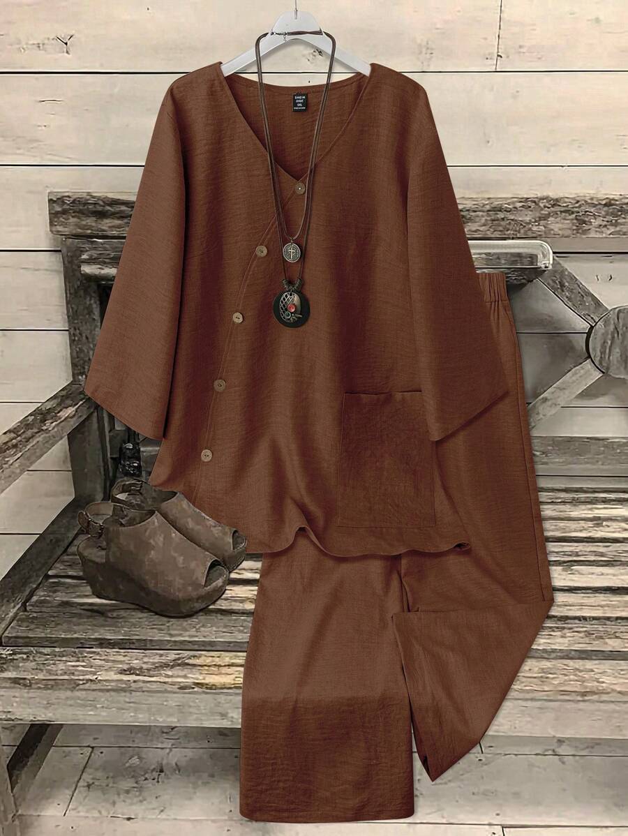 Omancia 2pcs/Set Women's V-Neck Coconut Button Decor 3/4 Sleeve Top + Solid Color Straight Leg Pants Casual Commuting Outfit - Brown - View 1
