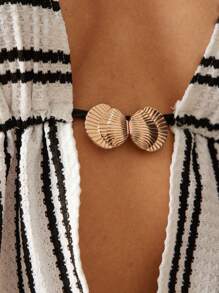 Hauture Black And White Stripe Halter Backless Top With Front Split And Gold Ornament, Boho, Vacation - Black and White - View 3