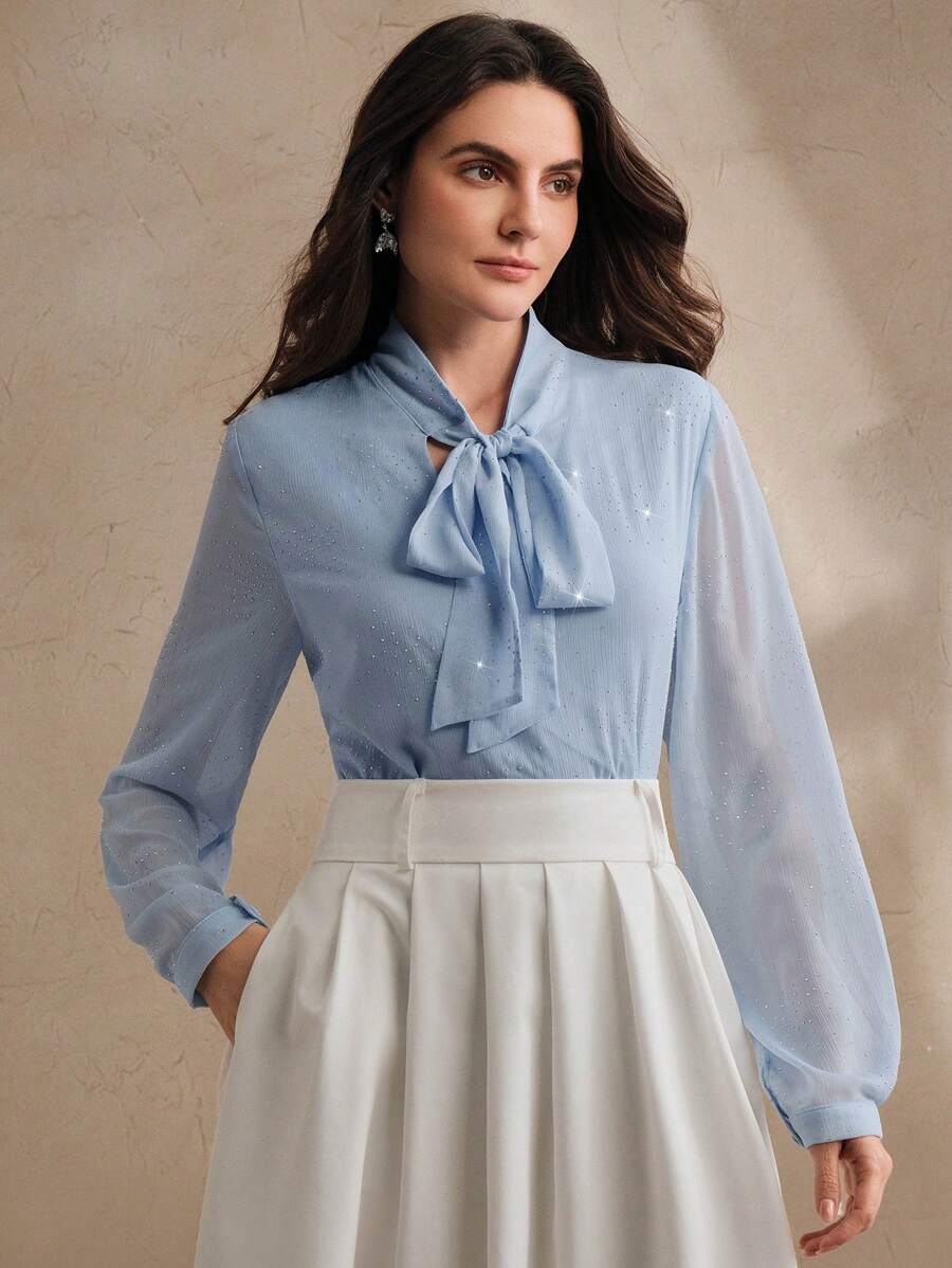 Anewsta 优雅法式垂坠蝴蝶结领水晶装饰雪纺衬衫，时尚通勤女式网眼上衣，春季 - 藍色 - 查看 1