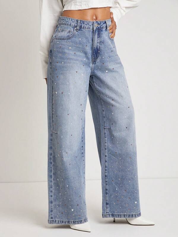 NYA SZN Blugi metalici cu inimă, supradimensionați, vopsiți, stil streetwear, pantaloni din denim pentru femei, Gyaru Viral, vară, primăvară, zi de zi