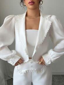 Modelyn Women's Lace Trim Short Lightweight Blazer, Fashion Spring/Summer - White - View 3