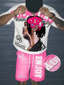 ROMWE MEN Street Life Men Letter & Figure Print Round Neck Short Sleeve Casual T-Shirt And Drawstring Waist Shorts Set