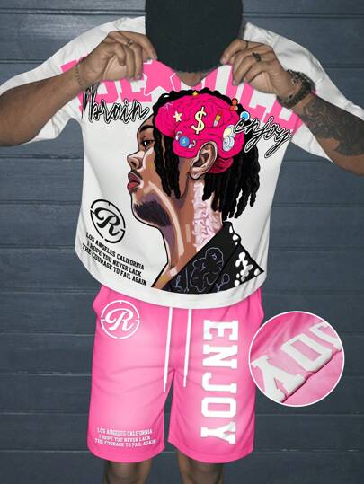 Street Life Men Letter & Figure Print Round Neck Short Sleeve Casual T-Shirt And Drawstring Waist Shorts Set