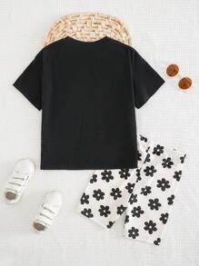 Cozy Pixies 2pcs/Set Young Girl Floral Print Knit Soft Crewneck Short Sleeve Top And Elastic Waist Shorts Set