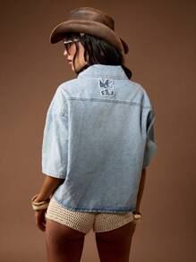 MISSGUIDED Western Style Denim Shirt Jacket Quarter Sleeve Textured Quilted Pattern Cowgirl Festival Summer Spring - Light Wash - View 2