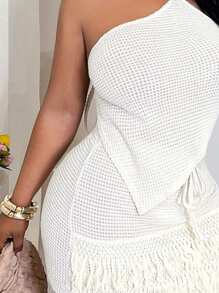 Slaydiva 2025 Summer New Music Festival, Easter, St. Patrick's Day, Western, Nomadic Style Dresses For Wedding, Birthday, Graduation, Student Wear, Casual, Vacation, Cruise Travel, Beach, Sunbathing, Popular Viral Designs, Spaghetti Strap, Sexy Backless, Tie, Fringe, Crochet, Mesh, Cream White, Plus Size 2pcs Set For Women - White - View 8