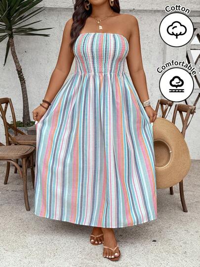 SHEIN VCAY Plus Size Women Summer Colorful Striped Tube Top A-Line Maxi Dress, Confidence Outfit, Casual Western Boho Maxi Dress Pool Party Outfit  Coconut Girl  Summer  Boho Chic Boho Style Women's Clothing Brunch Outfits For Women Airport Outfit For Women Beach Vacation Outfits City Break Outfits Holiday Outfits Western Clothes For Women Western Wear Women Plus European Summer Island Vacation Outfits Honeymoon Outfits Woman Old Money  Woman S Summer Clothes Women Summer Clothing Women Dresses Elegant Gown Women Dresses Birthday Women Plus Sun Dress