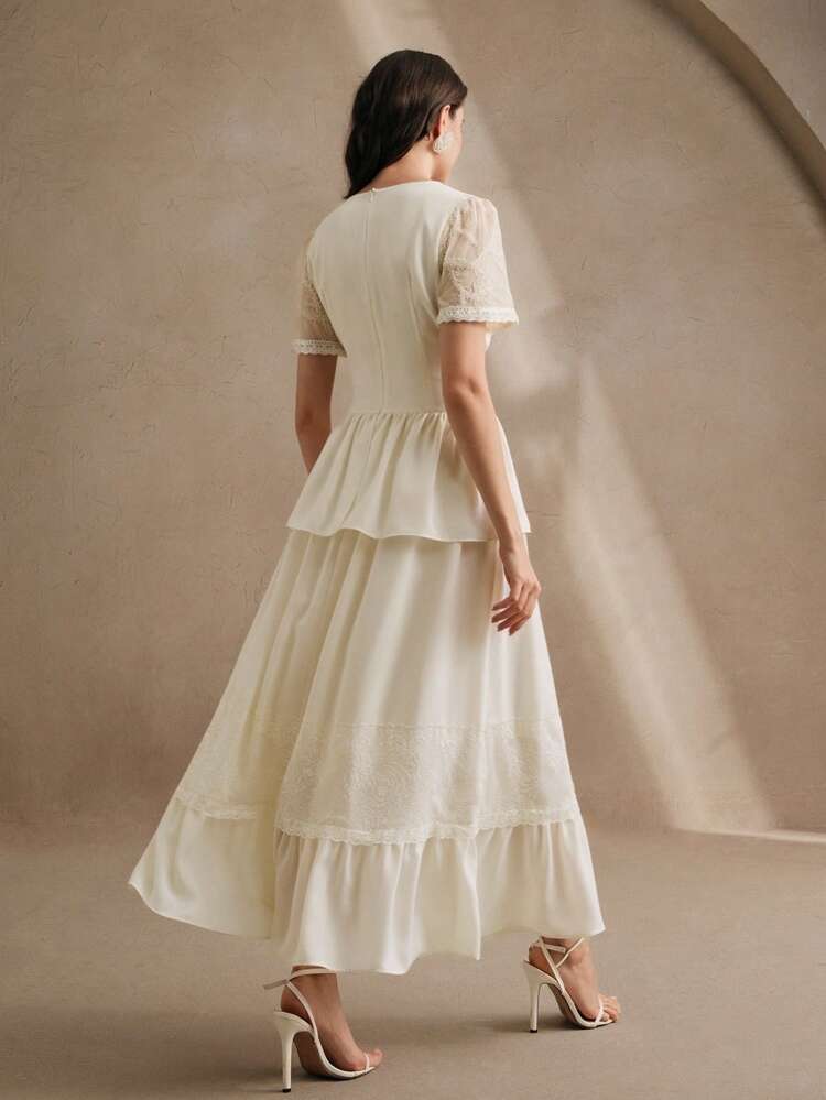 Women's V-Neck Lace Patchwork Solid Color Elegant Short Sleeve Waist Fitted Dress