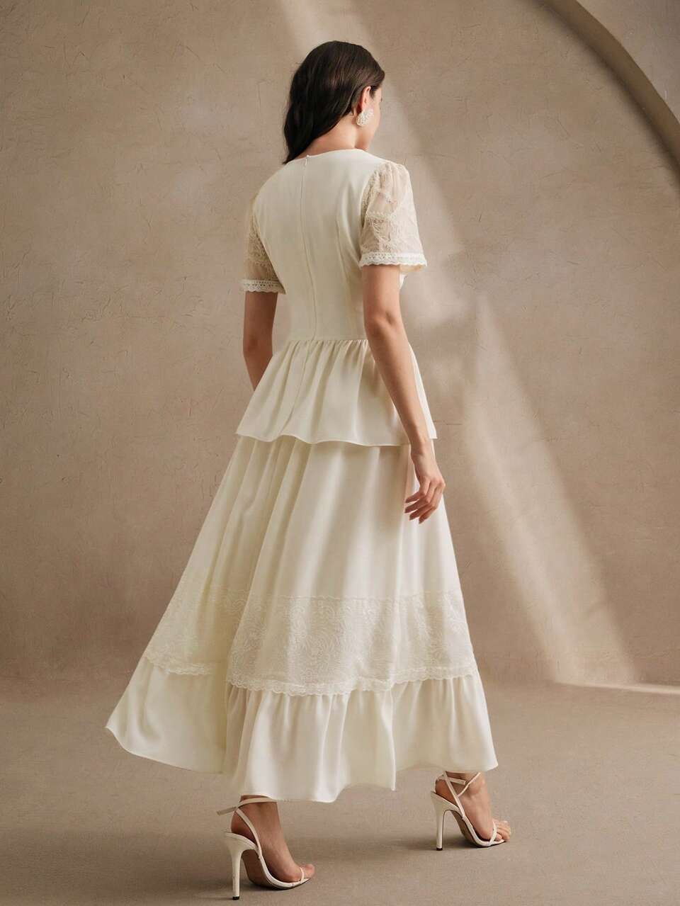 Women's V-Neck Lace Patchwork Solid Color Elegant Short Sleeve Waist Fitted Dress