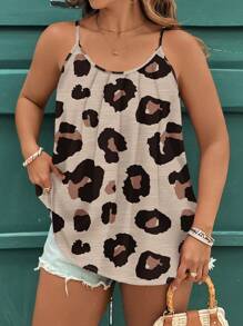 EMERY ROSE Elegant Casual Solid Color & Leopard Pattern Plus Size Women Cami And Tank Top, Suitable For Summer Suitable For Going Out - Khaki - View 4