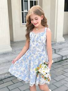 Tween Girls' Woven French Ditsy Floral Shirred Backless Crisscross Tie Waist A-Line Dress - Blue - View 4