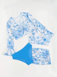 4 Piece Teen Girls Floral Print Bikini Set, For Summer Beach - Blue - View 4