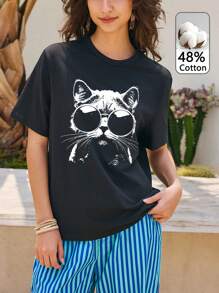 Tseoso 休闲简约太阳镜猫咪图案女式T恤 - 黑色 - 查看 6