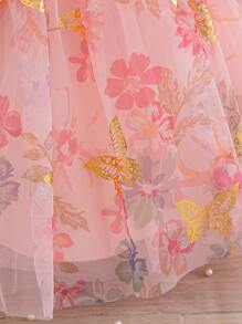 女婴夏季优雅蝴蝶图案欧根纱短袖派对连衣裙 - 粉色 - 查看 4