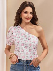 SHEIN Unity Women's Elegant Perforated Print Oblique Shoulder Blouse - White - View 4