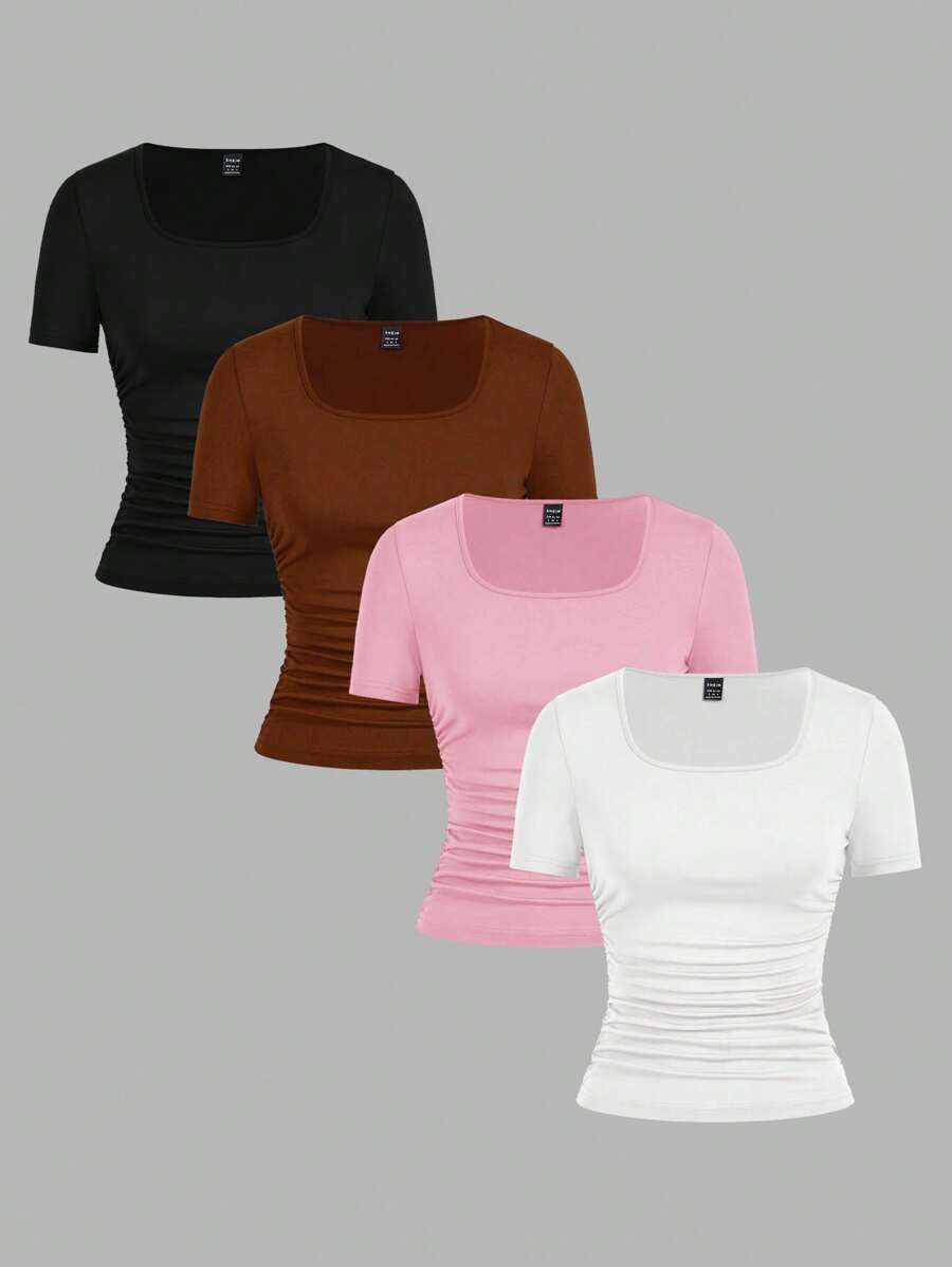 SHEIN EZwear 4 件套休闲简约纯色圆领短袖 T 恤女士，舒适合身，适合春夏季 - 彩色 - 查看 1