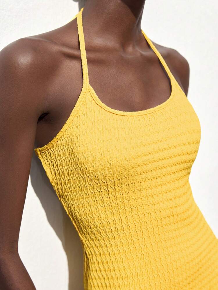 SHEIN Maija 2025 Summer New Cream Yellow Wavy Textured Knit Adjustable Spaghetti Strap Open Back Design Hem Beaded Fringe Midi Dress, Elegant For Commute, Daily, Romantic, Casual, Beach, Party, Wedding Guest, Music Festival, Independence Day, Graduation