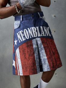 NEON BLANC Men's Streetwear Style Vertical Striped Letter Print Woven Casual Shorts, School - Blue and White - View 4