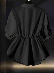 SHEIN Rosurelle 女式纯色黑色 POLO 领短袖束腰围巾装饰衬衫，百搭白色夏季衬衫 - 黑色 - 查看 2
