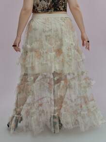 ROMWE Plus Size Women Retro Elegant Ruffled Organza Floral Print Skirt - Multicolor - View 6