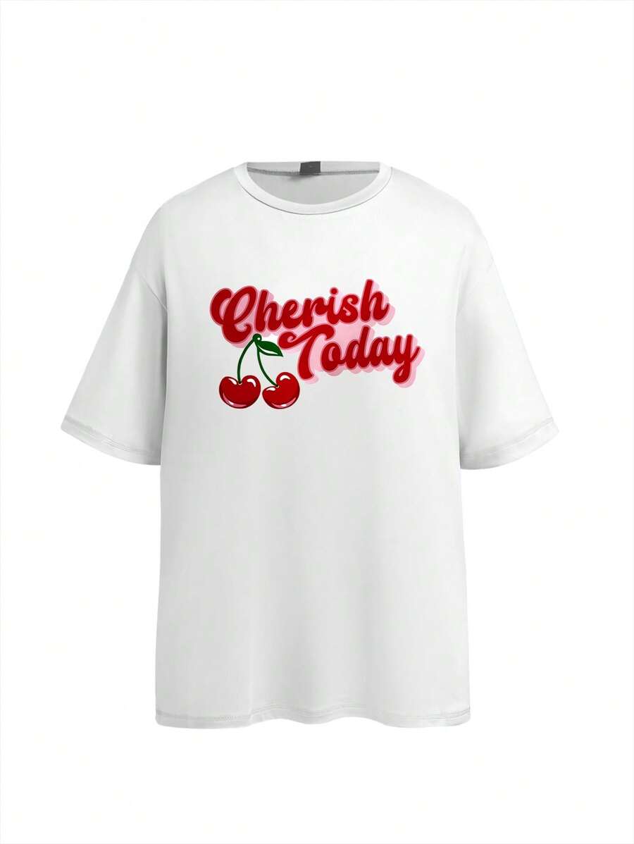 Women's Loose Round Neck Casual Graphic Print Sport T-Shirt, Spring/Summer - White - View 1