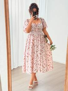 Flirla Summer Women Romantic Elegant Vacation French Style Ditsy Floral Ruffled V-Neck Sexy Bowknot Decorative Fish Bone Gathered Waist Slim Long Dress, Soft And Graceful