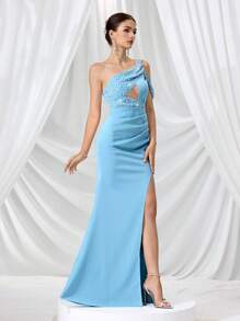 Coutiva Vestido de noche elegante de mujer con cuello asimétrico con cuentas, recorte hueco y abertura alta, vestido formal para fiestas y eventos, apto para invitada de boda - Azul - Ver 6