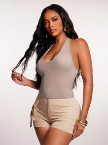 SHEIN SXY Women's Sexy Solid Color Backless Halter Top, Summer - Khaki - View 6