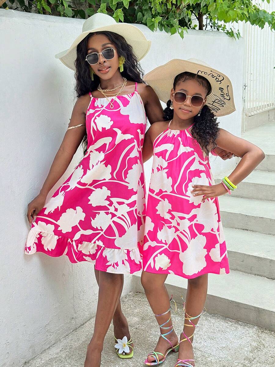 SHEIN Tween Girls' Casual Vacation Chiffon Floral Colorblock A-Line Halter Dress, Mommy And Me Matching Outfits (2 Pieces Sold Separately)