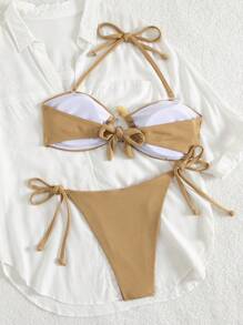 SHEIN Swim 女士夏季海滩音乐节罗纹面料卡其色吊带时尚配饰比基尼套装 - 卡其色 - 查看 5