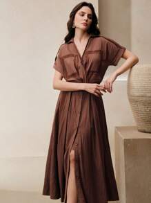 Anewsta Váy sơ mi phong cách nghỉ dưỡng chắp vá ren giản dị lãng mạn, màu cà phê, xuân/hè - Cà phê - Xem 4