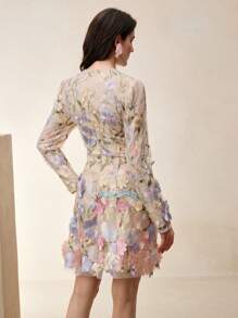 Anewsta 3D Floral Embroidery Women Short Sleeve Mini Dress - Purple - View 2