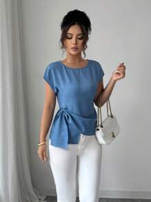 Selianne 休闲通勤百搭度假简约宽松圆领蝙蝠短袖不对称下摆设计柔软质感材质蓝色女衬衫夏季上衣女夏装夏季衬衫夏装女优雅上衣 - 藍色 - 查看 4