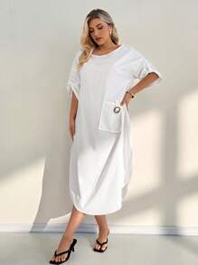 SHEIN Essnce Plus Size Solid Color Round Neck Minimalist Dress, Fashionable For Summer - White - View 6