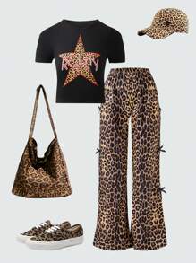 SHEIN Explorewe Tween Girl 美式豹纹星星印花T恤和阔腿裤套装 - 彩色 - 查看 1