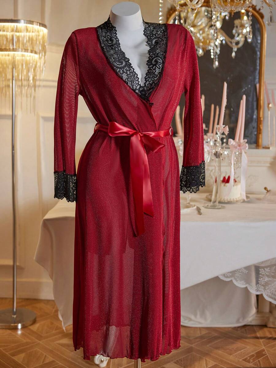SHEIN Women's Lace Panel Long Sleeve V-Neck Silver Wire Mesh Robe, Fashionable - Burgundy - View 1