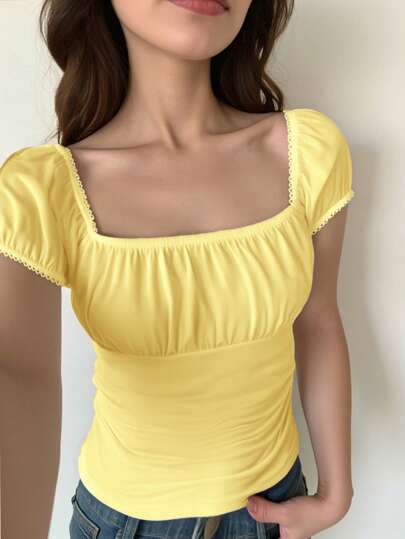 SHEIN Teen Girl Pleated Short-Sleeve Slim T-Shirt, Deep Square Neck Floral Lace Mesh Puff Sleeve, Tops Tea Party Attire Summer T Shirts Summer Tops