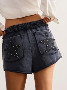 Bohemela Short décontracté pour femme orné de rivets et de décoration en étoiles, été