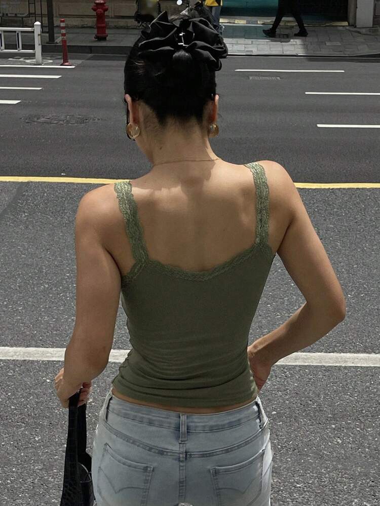 Women Lace Patchwork Rib Knit Slim Fit Camisole Tank Top, New Arrivals For Autumn Preppy Tops