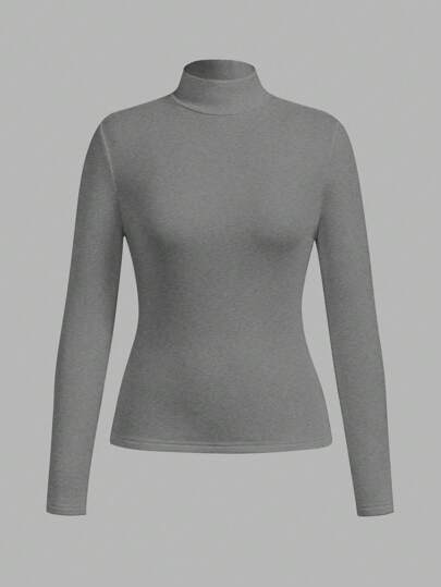 SHEIN BASICS 秋冬季基本款高领修身长袖纯色女式上衣，升级保暖内衬，时尚、休闲、舒适、百搭，不显臃肿